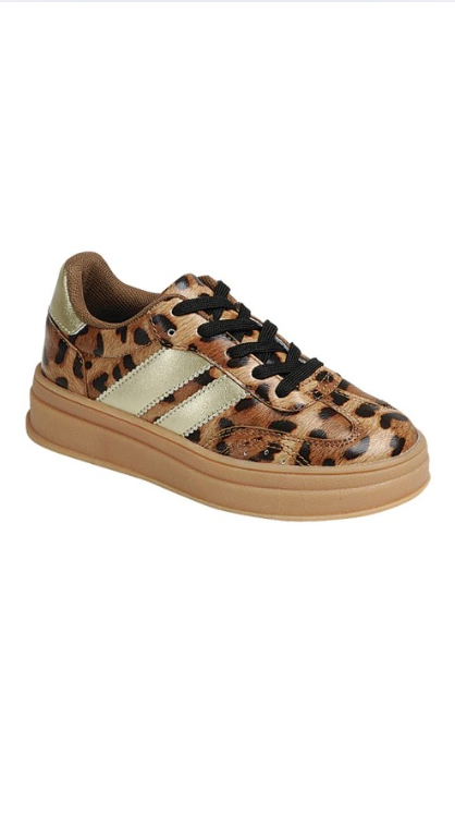 Leopard print sneaker with beige sole on a white background