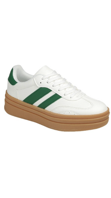 White sneaker with green stripes and brown sole on a white background