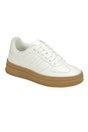 White sneaker with a brown sole on a white background
