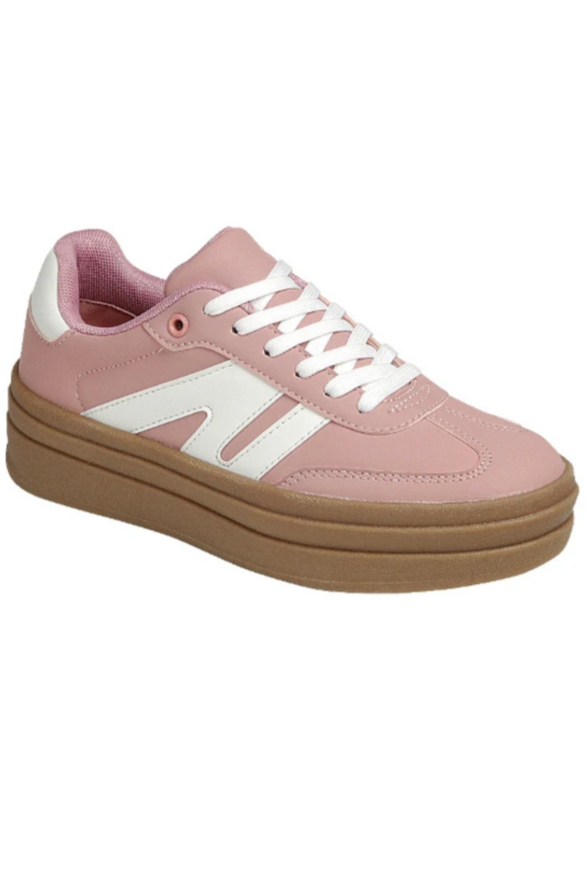 Pink sneaker with white laces and brown sole on a white background