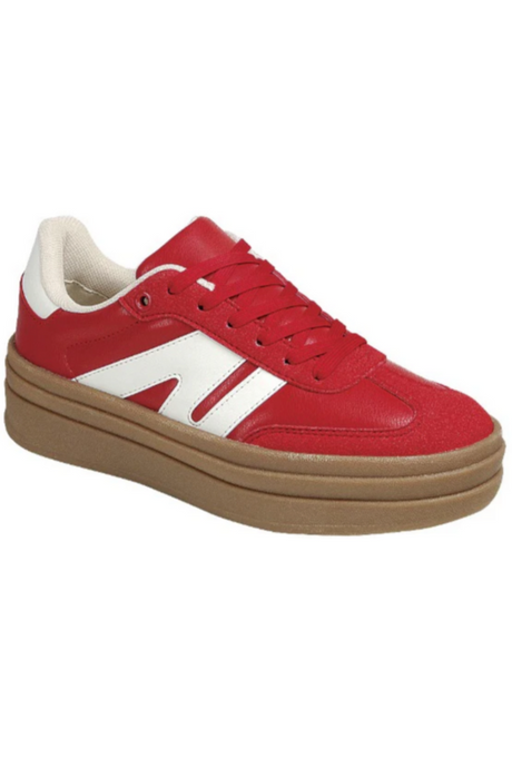 Red sneaker with white accents on a white background