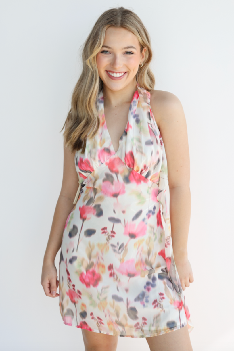 RUFFLE SCARF HALTER MINI DRESS