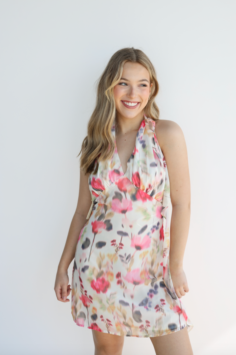 RUFFLE SCARF HALTER MINI DRESS
