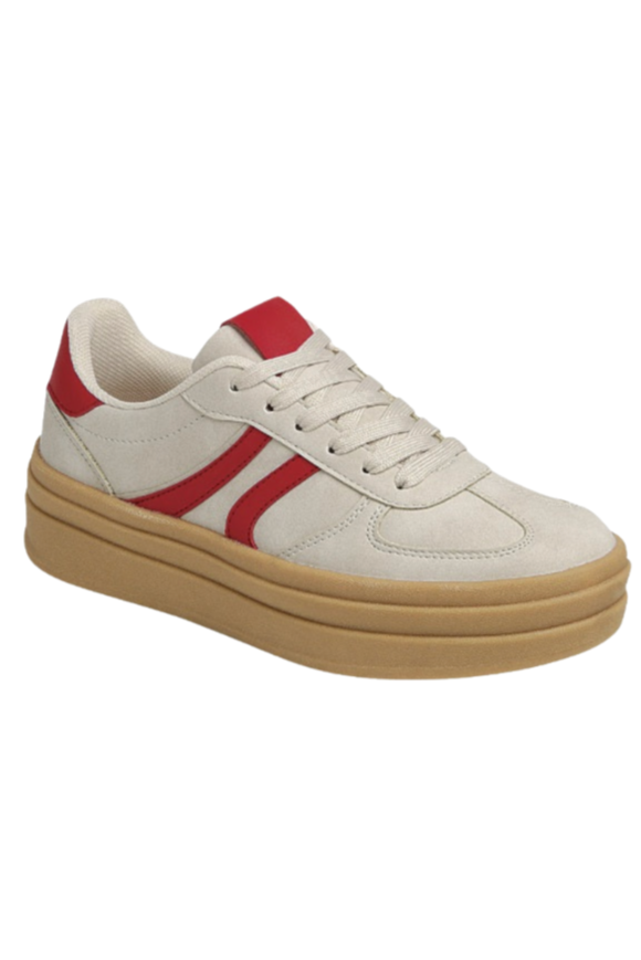 White sneaker with red accents and a brown sole on a white background