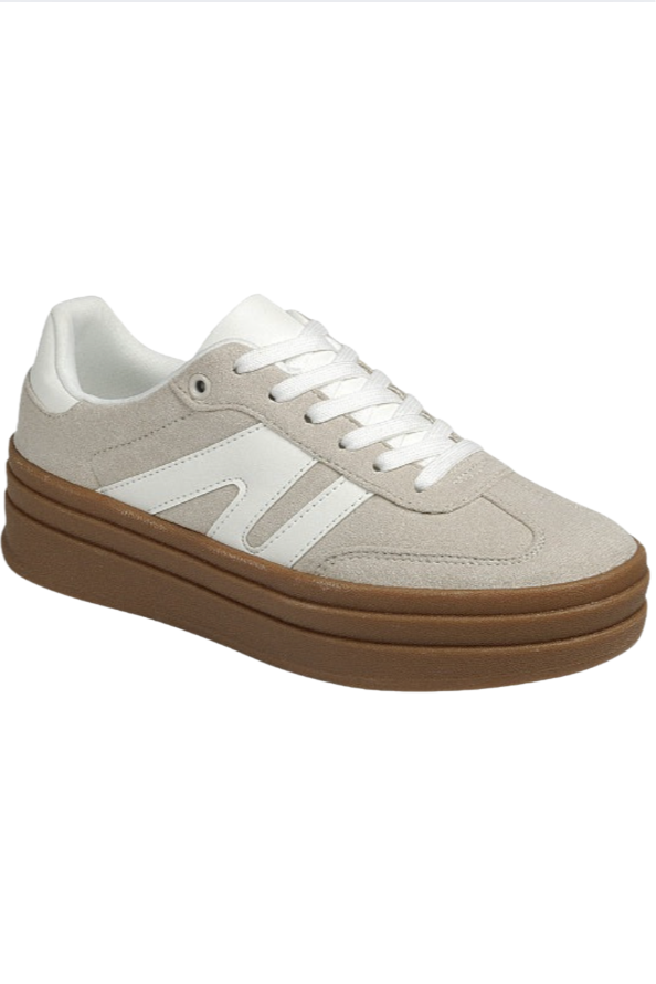 Sneaker with white and brown design on a white background
