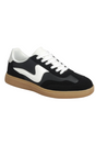Black and white sneaker with a brown sole on a white background