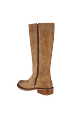 Brown knee-high boot with a zipper on a white background