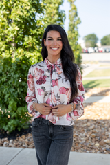 Floral Ribbon Tie Blouse