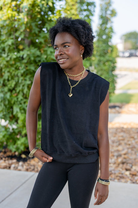 French Terry Padded Shoulder Top