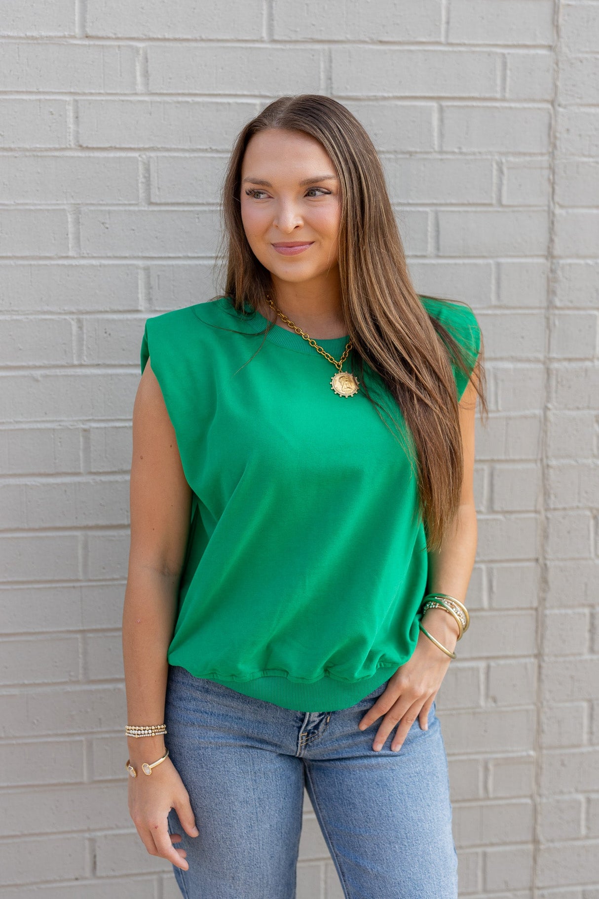 French Terry Padded Shoulder Top