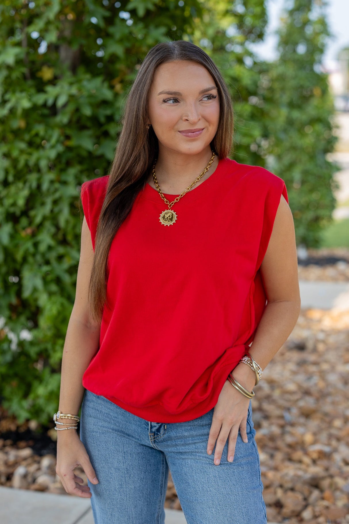 French Terry Padded Shoulder Top
