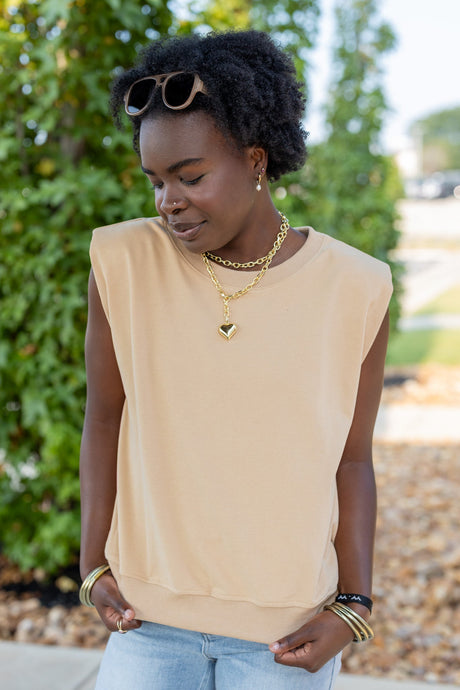 French Terry Padded Shoulder Top