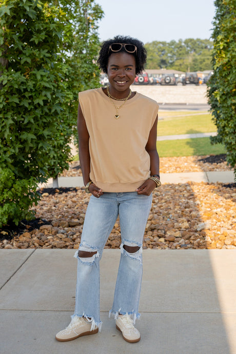 French Terry Padded Shoulder Top