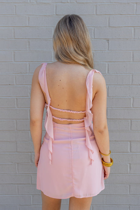 Soft Chiffon Ruffle Strap Open-Back Mini Dress
