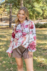 Floral Ribbon Tie Blouse