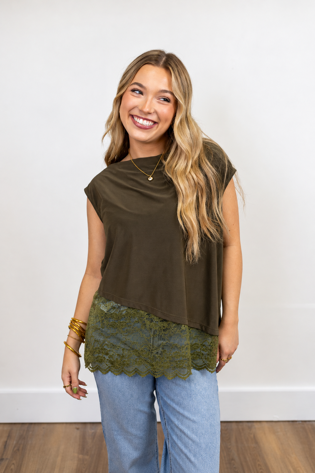 Lace Contrast Boat Neck Top