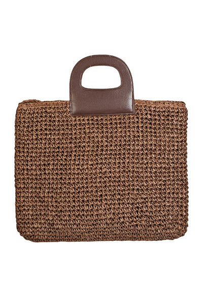 BROWN STRAW BRAIDED SQUARE TOTE