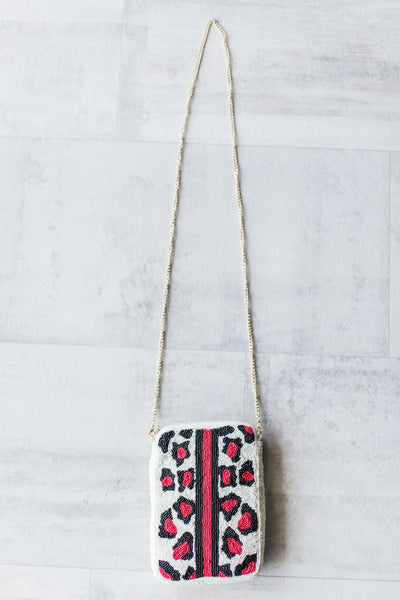 RED LEOPARD BEADED CELLPHONE BAG