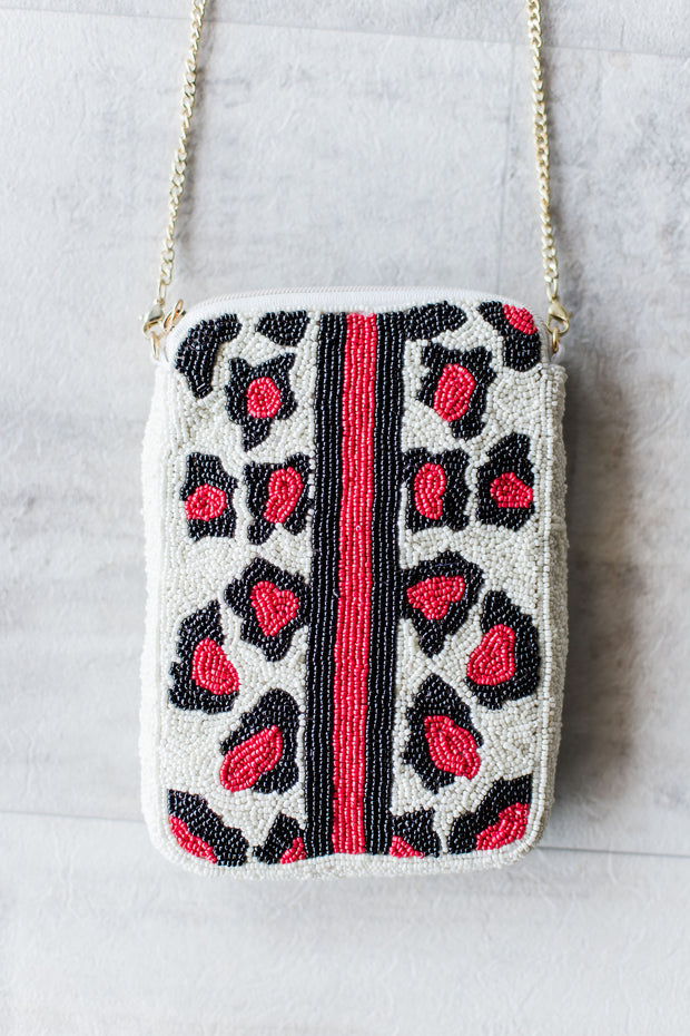 RED LEOPARD BEADED CELLPHONE BAG