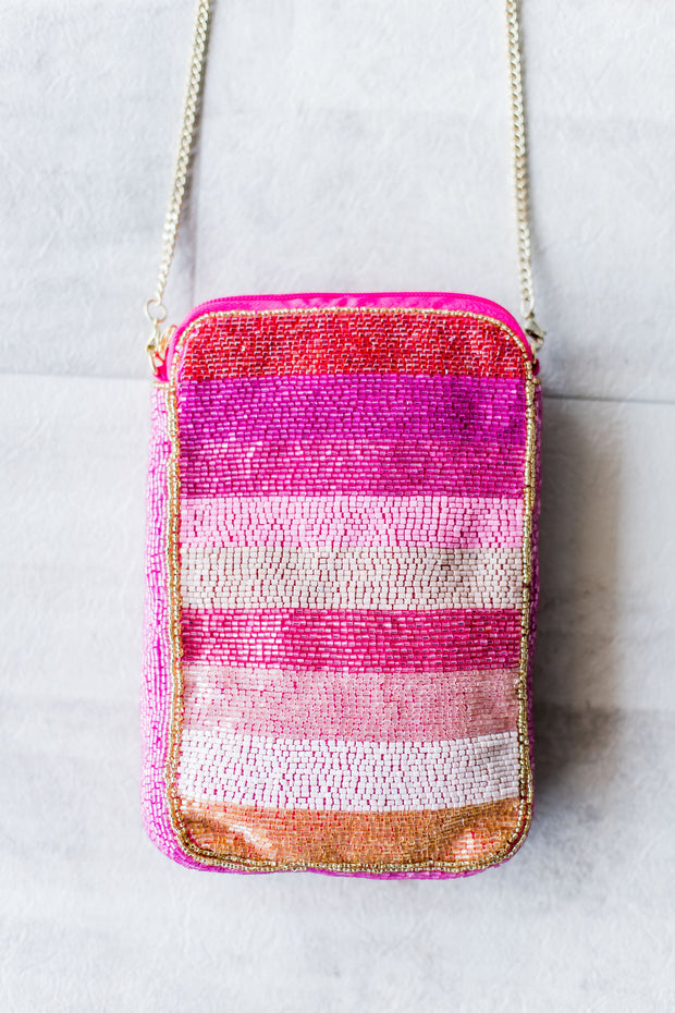 STRIPED BEADED CELL PHONE BAG