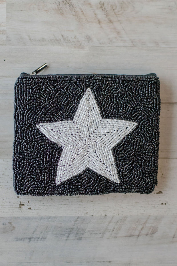 BLACK BEADED COIN PURSE WITH STAR