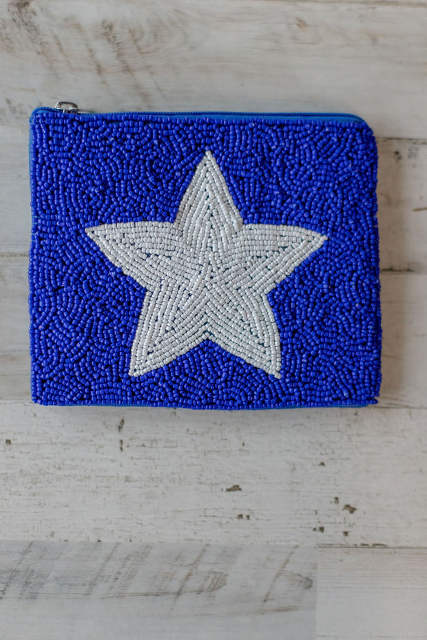 BLUE BEADED COIN PURSE WITH STAR