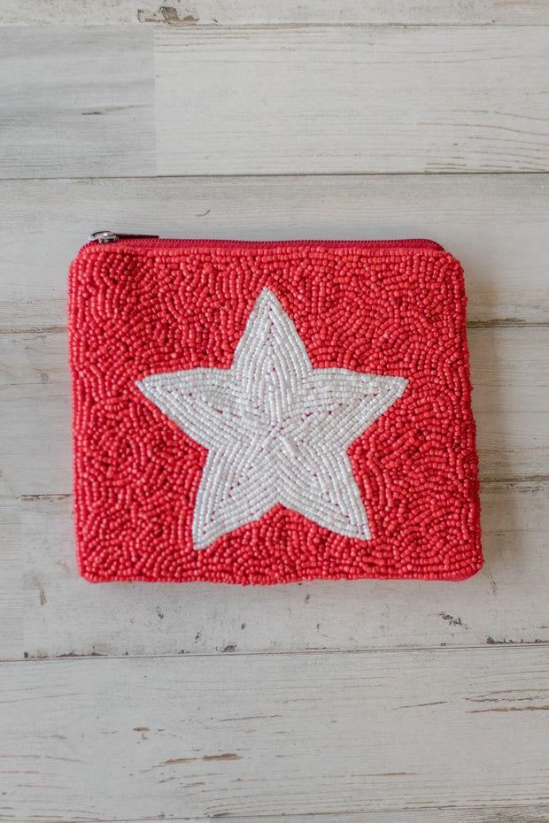 RED BEADED COIN PURSE WITH STAR
